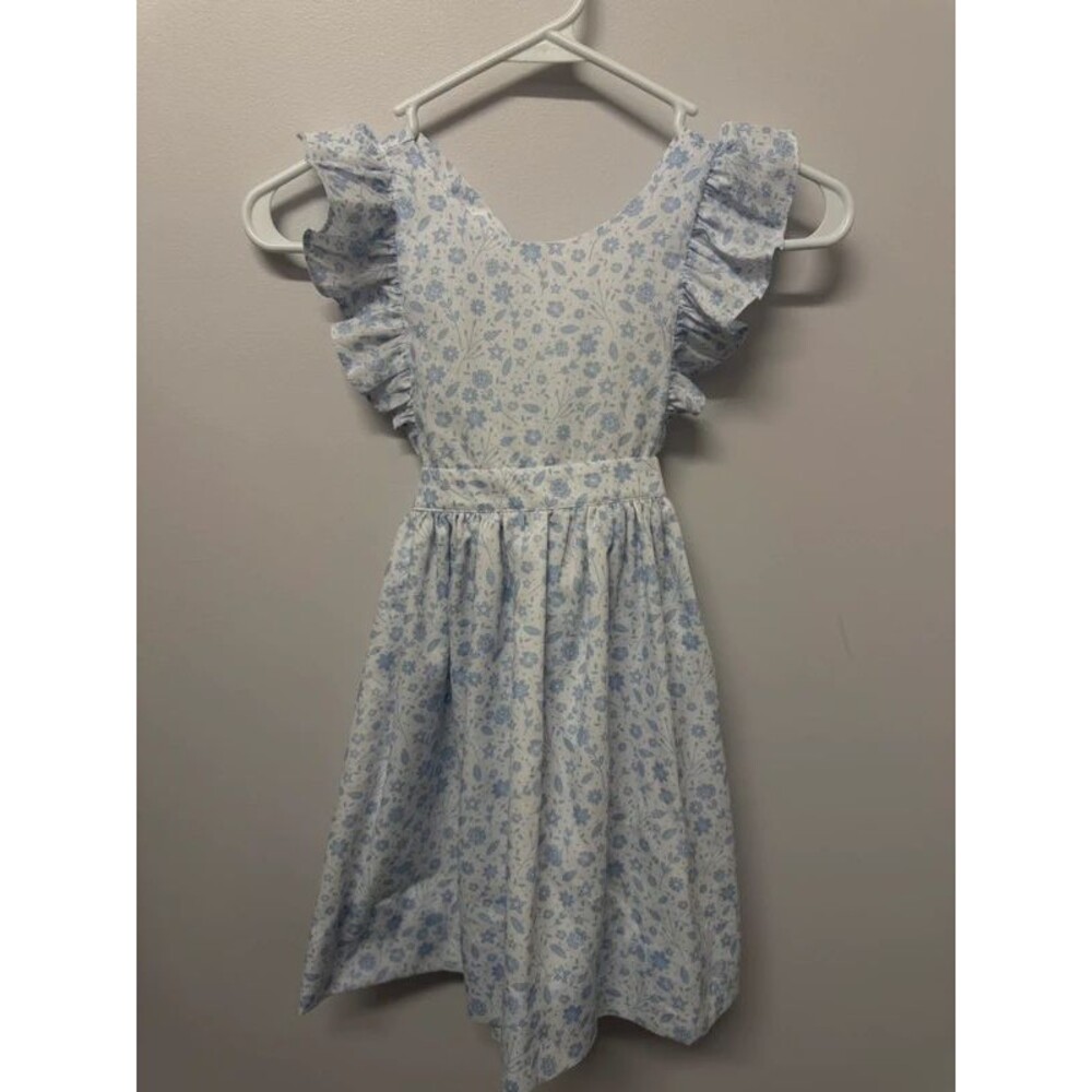 Girls smockingbird blue and white floral dress